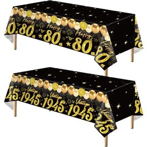 2pcs 80th Birthday Tablecloth, Black Gold 80th Birthday Decorations for Men Women Vintage 1945 Table Cloth Plastic Rectangular Table Cover Happy 80 Anniversary Party Supplies