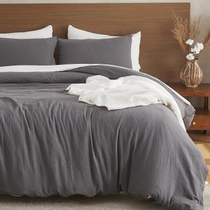 EMME Muslin Cotton Duvet Cover Set Dark Grey Queen Size Linen Like Soft Breathable Lightweight Summer Comforter Cover Set with Zipper Closure (Dark Grey, Queen, 90"x90")