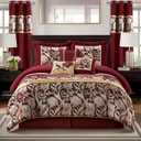 Grand Avenue Red and Gold Comforter Set Queen Size, 9 Piece Jacquard Floral Bedding Set, All Season, Ultra-Soft, Matching Pillows & Shams, Bed Skirt, Curtains