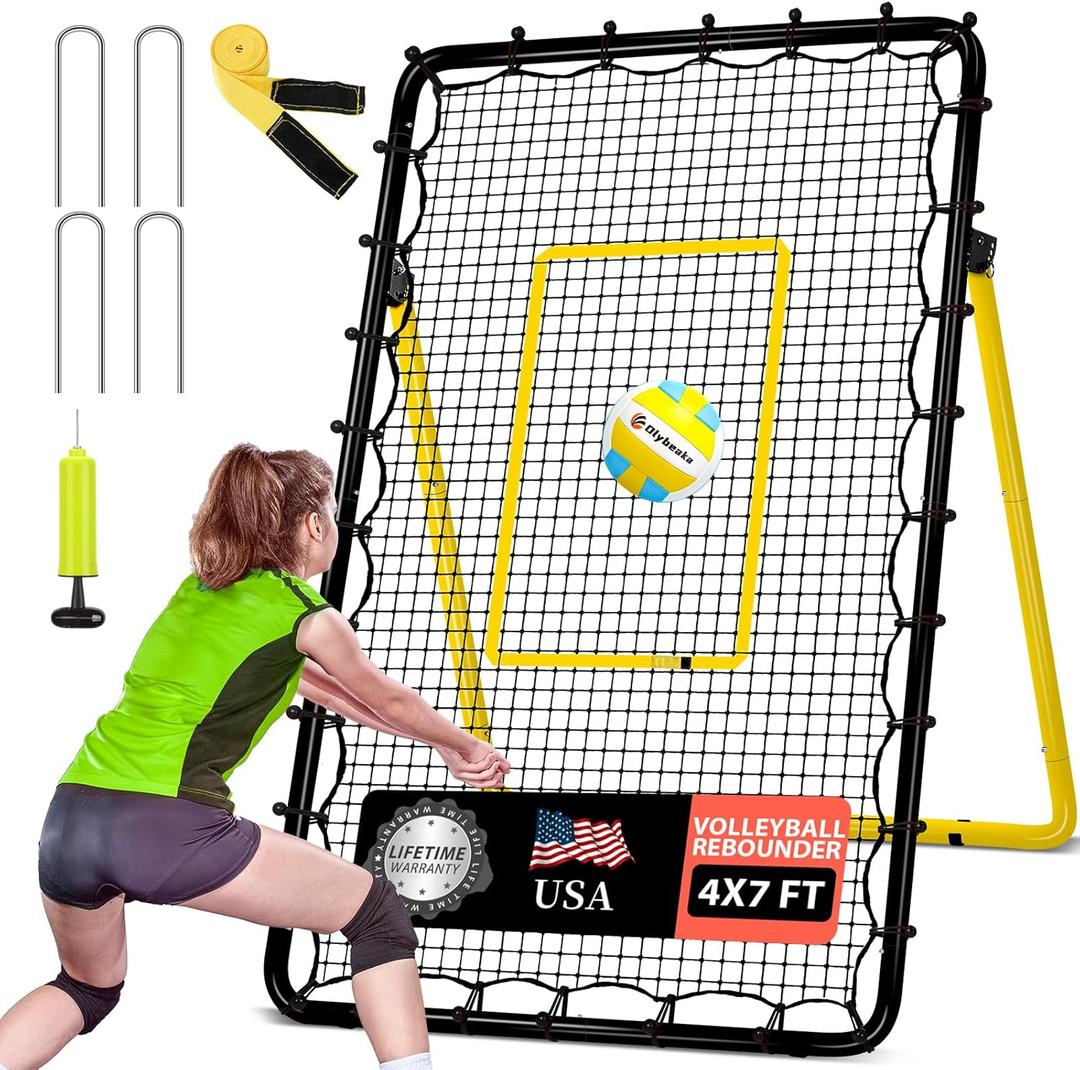 6-Angle Adjustable Volleyball Rebounder Net 7x4 ft with PU Volleyball and Stakes - Bounce Back Training Equipment for Practicing Volleying, Bumping, Spiking, Easy Set Up & Steady for Multi Sports (Black and Yellow)