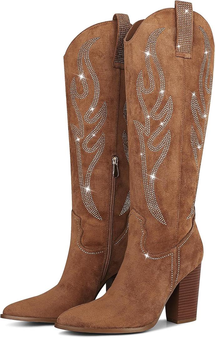 Celbreez Cowboy Boots for Women Cowgirl Boots Women Suede Knee High Boots Rhinestones Embroidered Western Boots Pointed Toe Chunky Heel Side Zip Festival Country Concert Shoes (6.5, Brown)