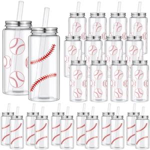 Maxdot 24 Pack 14.2 OZ Baseball Plastic Cups with Lid and Straw Bulk Baseball Cup with Lid and Straw Clear Reusable Plastic Juice Bottles Tumbler for Sport Themed Party Favors Birthday Team Gifts