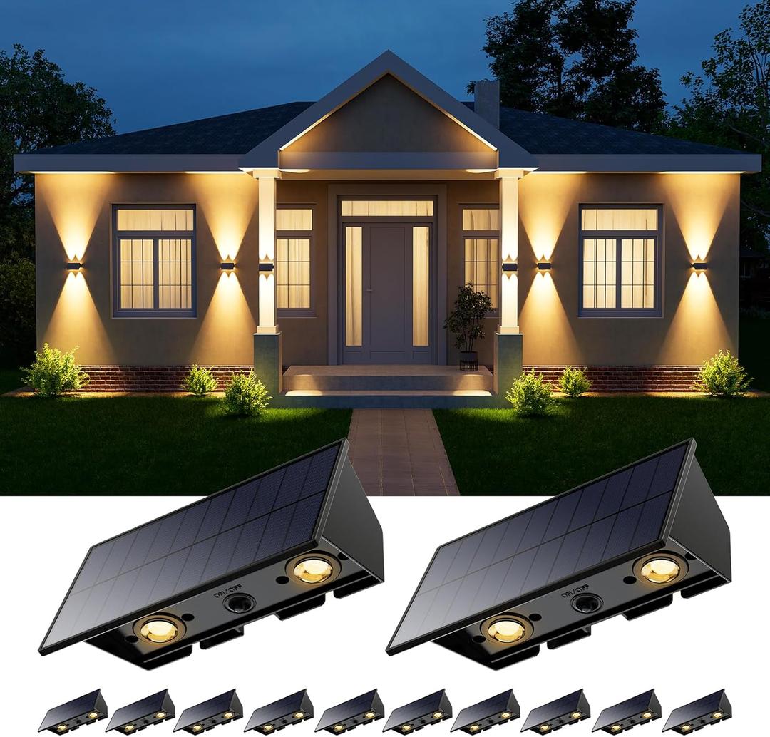 12 Pack Solar Up and Down Wall Lights Outdoor Decorative Fence LED Waterproof Yard Lamps for Deck, Patio, Porch, House, Garden, Easy to Install Solar Powered Wall Mount Lights for Outside (Warm White)