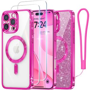 Meifigno Designed for iPhone 16 Pro Max Case 6.9", [Glitter Card & Wrist Strap] [Compatible with MagSafe] [2X Screen Protectors] Surround Raised Lens Protection Designed for 16 ProMax Case, Hot Pink