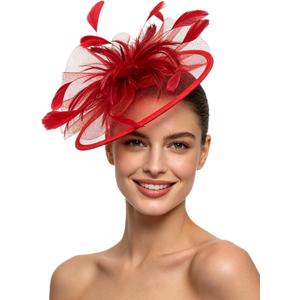 SAFERIN Women's Fascinators Feathers Tea Party Hat Veil Headband with Hair Clip for Cocktail Church (Red)