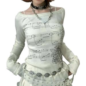 Grunge Off Shoulder Tops Women Long Sleeve Fitted 2000s Goth Emo Music Shirt Teen Girls Vintage Y2k Graphic Tee (Small, White)
