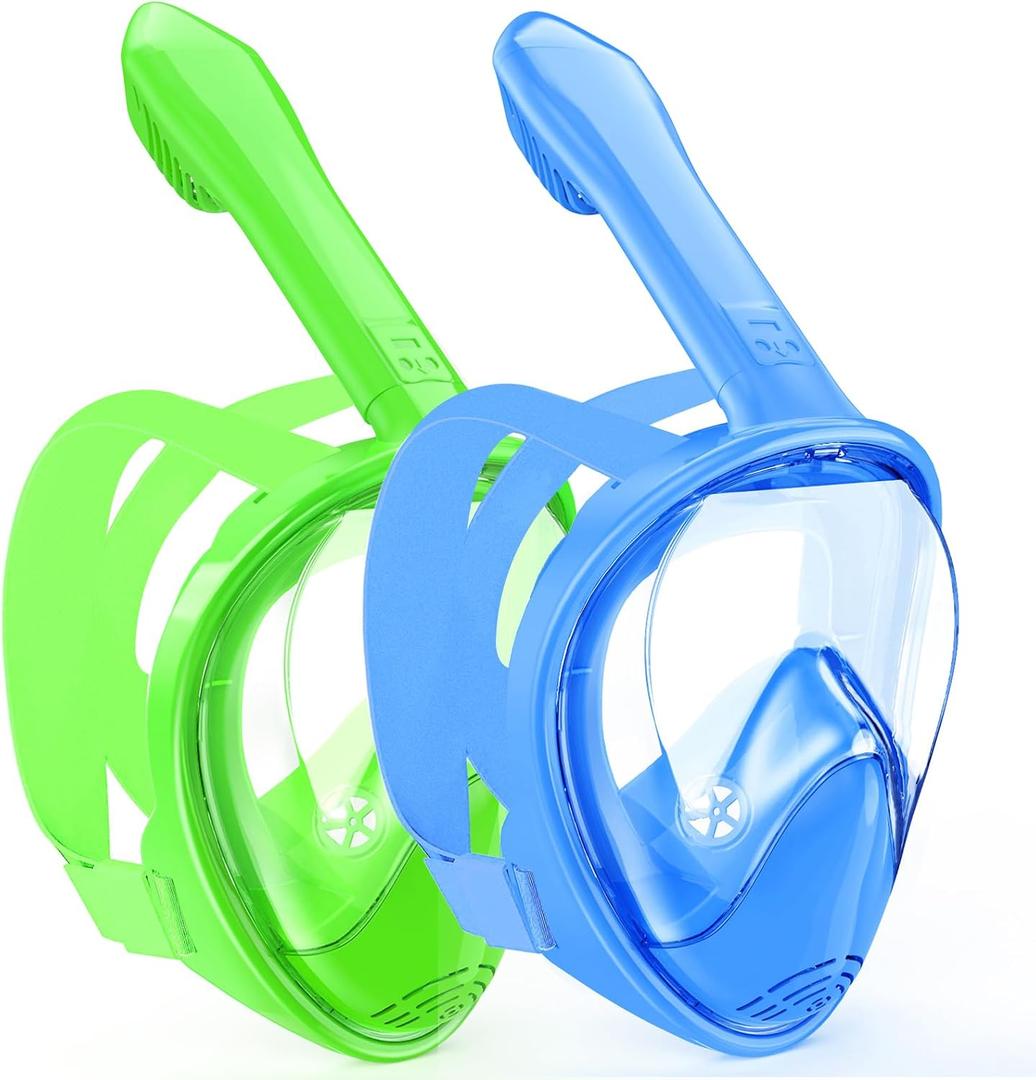 Kids Snorkel Mask Full Face, Snorkeling Gear for Kids 2-14 with Camera Mount, 180 Degree Panoramic View Snorkeling Set Anti-Fog Anti-Leak (Blue+Green)