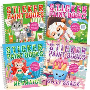 4Pcs Paint by Sticker Books Sticker by Number Books Activity Puzzle Book Craft Art Gift with Mermaid Cat Dog Silly Snack 32 Pictures Sticker by Number Book Set Party Favors