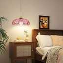QIYIZM Pink Plug in Pendant Light Glass Hanging Lights with Plug in Cord Boho Hanging Lamp Gold Mid Century Modern Vintage Dimmable Flower Plug in Chandelier Ceiling Fixture for Living Room,Bedroom