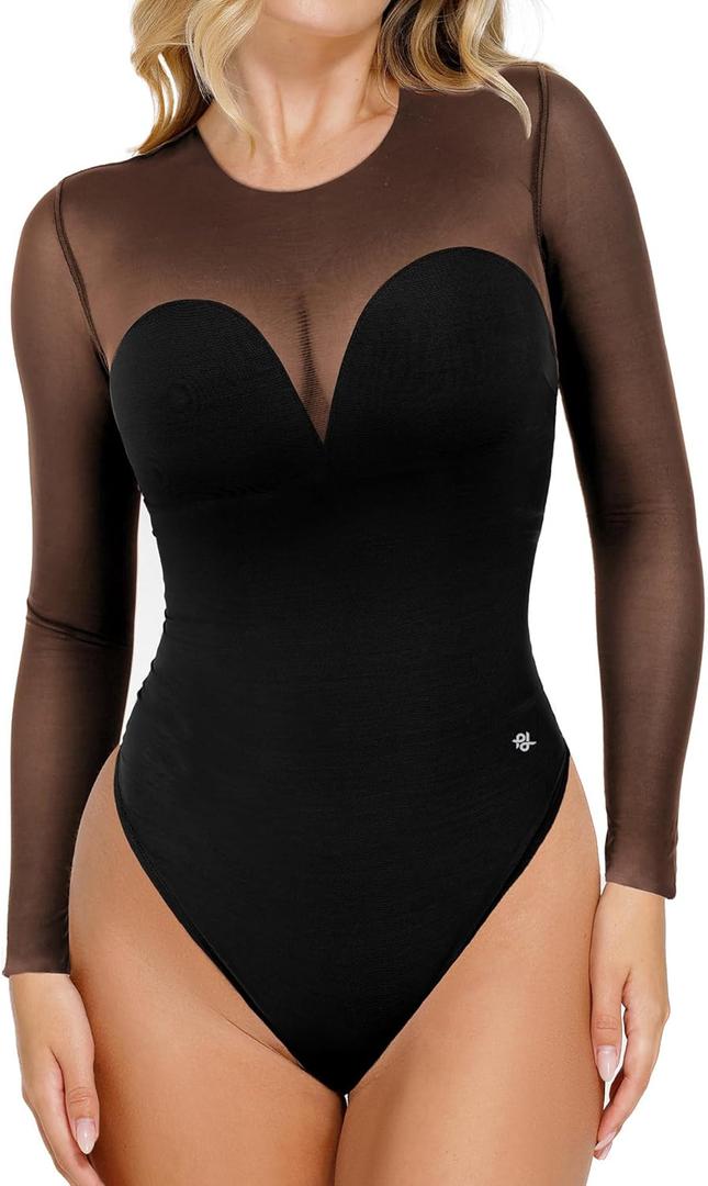Popilush Long Sleeve Mesh Shapewear Bodysuit for Women Tummy Control Sheer Body Suits Womens Built in Bra Tops Winter Outfits (3XL16-18, Black)