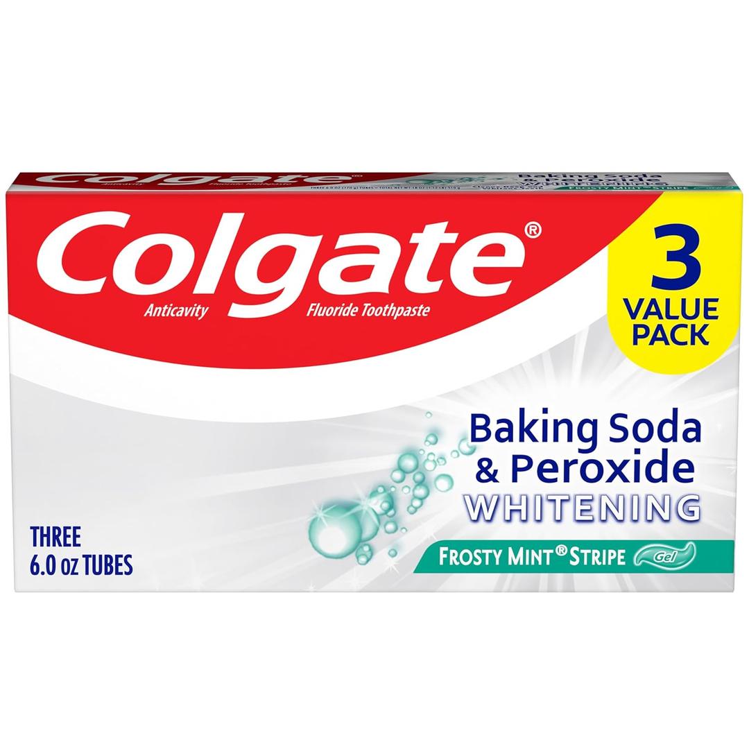 Colgate Baking Soda and Peroxide Whitening Toothpaste Gel, 3 Pack, Fluoride Formulated, Removes Surface Stains, Frosty Mint Stripe, 6 oz