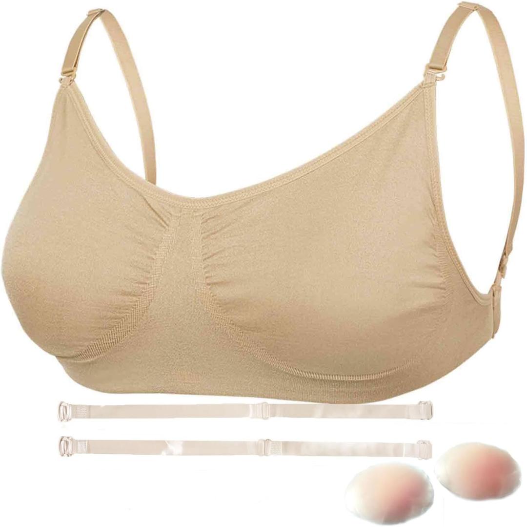 Daydance Nude Women BalletBralette with Clear Back Straps, Soft Dance Bra with Silicone Placket, Medium