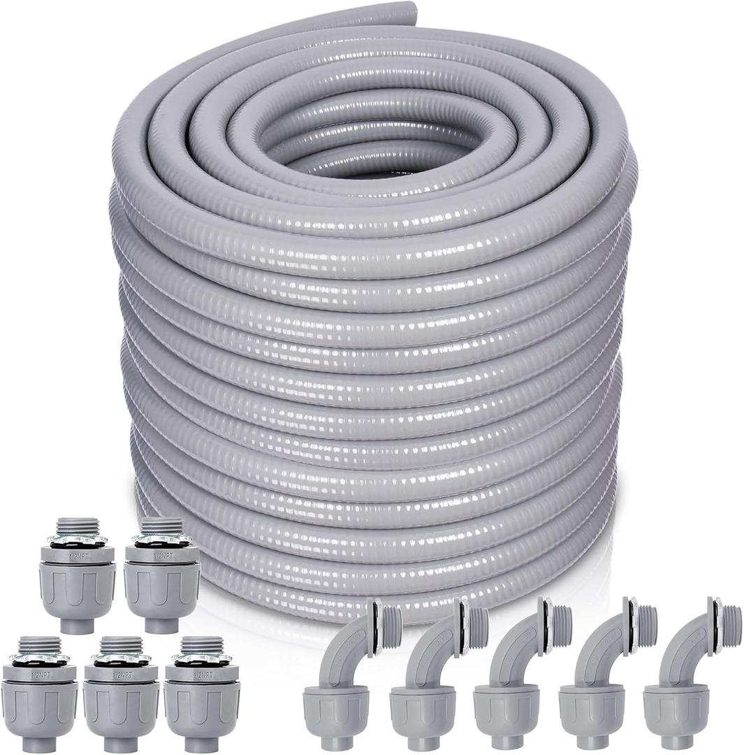 Liquid-Tight Conduit and Connector Kit - 3/4 Inch 100 FT Non Metallic Liquid Tight Electrical Conduit with 5 Straight and 5 Angle Fittings