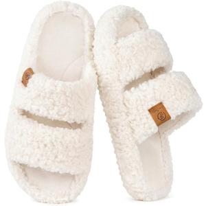 EverFoams Womens Fuzzy Open-toe Slippers Indoor Vanilla Ice,9-10 US