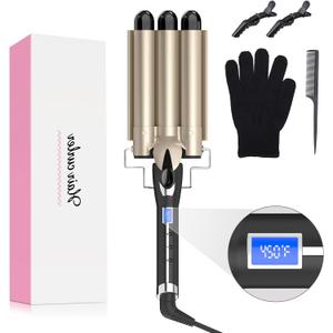 Hair Waver 3 Barrel 1 Inch for Classic Beach Waves, AIMERVO Crimper Tool for Women 15 Temp Settings from 170 to 450F, Tourmaline Ceramic Crimping Iron, PTC Heater Technology, 1 Hour Auto Shut-Off