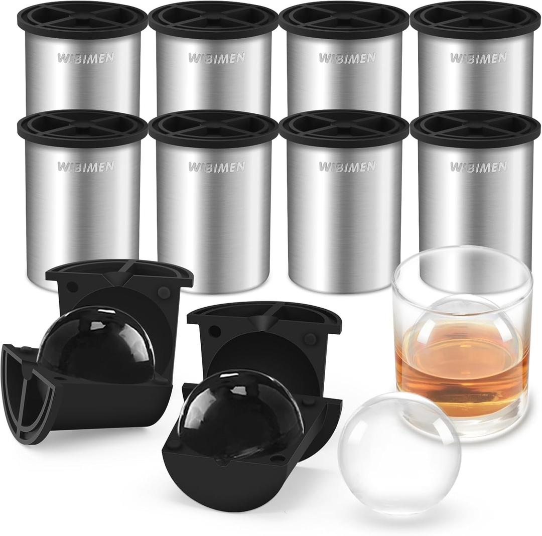 Clear Ice Cube Maker - 2.5" Ball - Stainless Steel Clear Ice Maker - Compact Design - for Whiskey, Cocktails, Bourbon - 8 PACK (Metallic-Round)