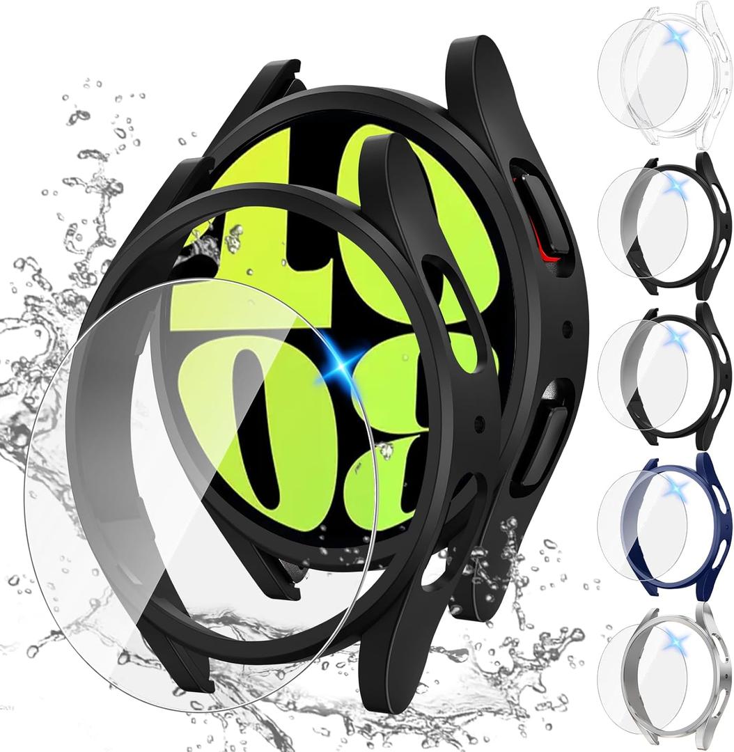 Tensea [5+5Pack for Samsung Galaxy Watch 6 Screen Protector Case 40mm Accessories, Hard PC Bumper/HD Anti-Fog Tempered Glass Protective Film, Face Cover Set, Galaxy Watch 6 Case for Women Men (Clear/Black/Black/Silver/Blue)