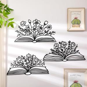 Honeydak 3 Pcs Reading Metal Book Flower Wall Art Decor Black Wall Hanging Decor Library Sign Silhouette Book Lovers Teacher Gift Wall Sculptures for Home Reading Room Living Room Bedroom Office