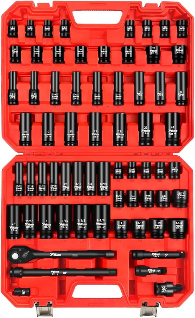 66Pcs 1/2" Drive Deep Impact Socket Set, SAE 3/8"-1-1/4", Metric 8-24mm Size with Ratchet Handle, Extension Bars, Universal Joint and Adapter, CR-V Steel for Auto Maintenance, Repairs