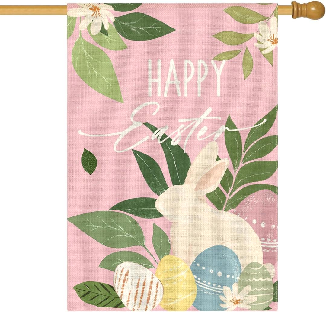 2 x AVOIN colorlife Happy Easter House Flag 28x40 Inch Double Sided Outside, Bunny Rabbit and Eggs Floral Yard Outdoor Flag Blue Pink