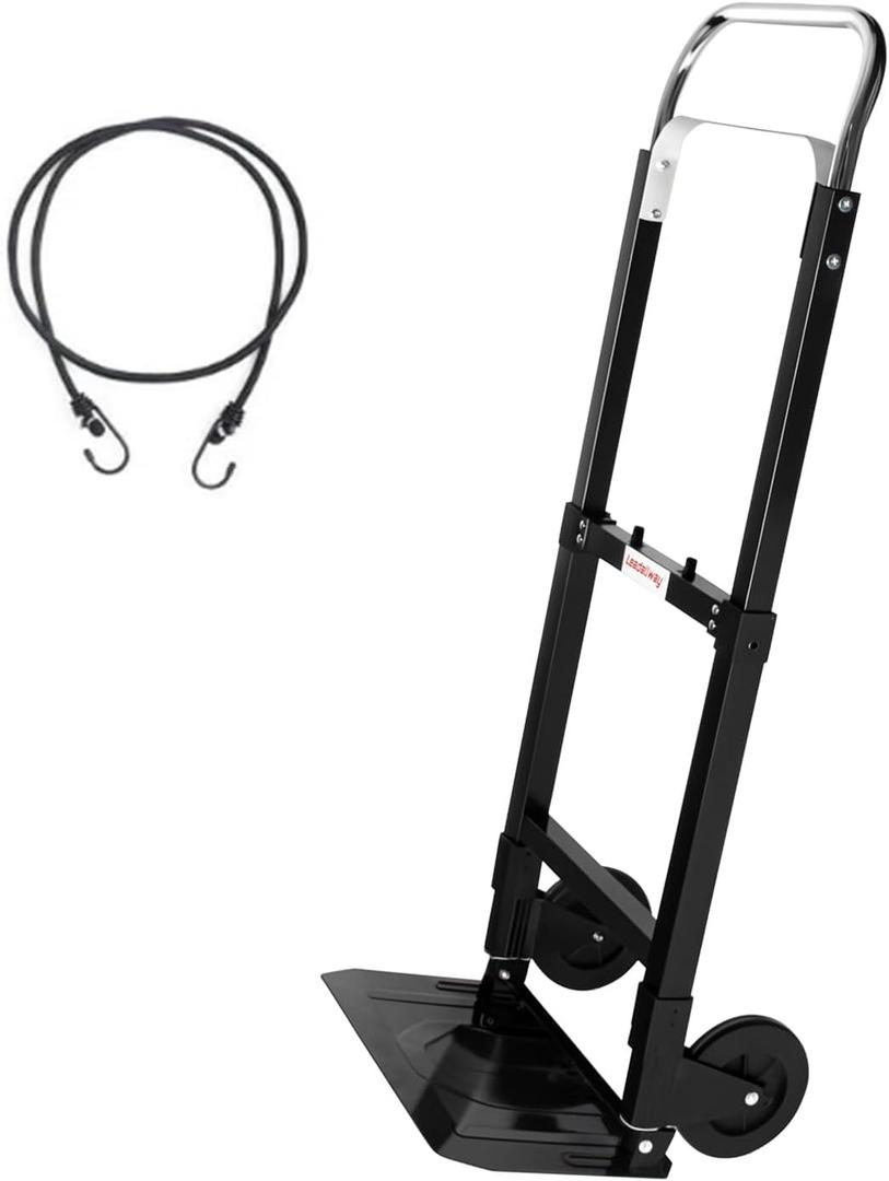 LEADALLWAY Foldable Hand Truck 220lbs Capacity, Heavy Duty Steel Collapsible Utility Cart with TPR Wheels & Free Bungee Cord, Portable Dolly for Home/Office/Warehouse (Black)