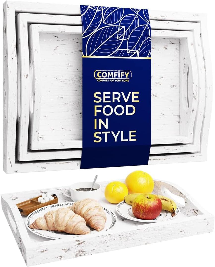 Serving Trays Set of 3 - Ottoman Wood Trays for Entertainment, Food and Decor - Rustic Farmhouse Distressed Wood Finish - Solid White