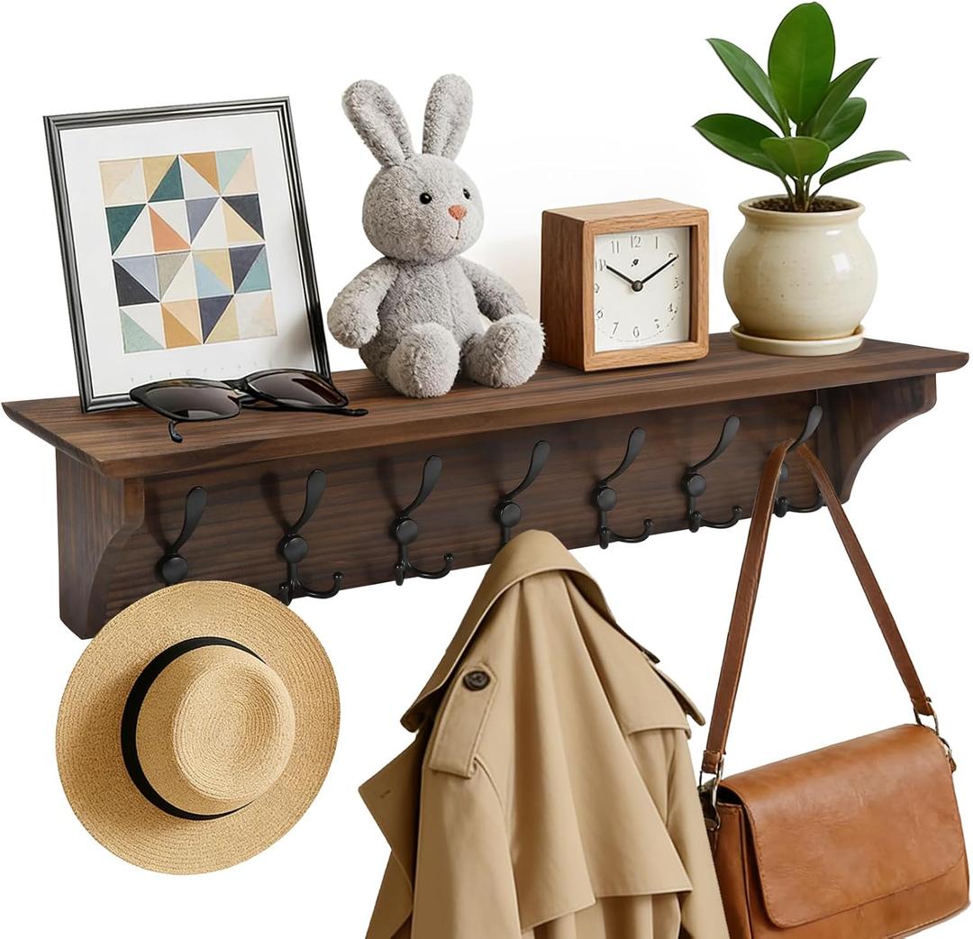 33" Coat Rack with Shelf Wall Mount, Pre-Assembled Solid Wood Coat Hooks with Shelf, Wall Coat Hanger with 7 Metal Triple-Hooks for Hanging Hat,Key,Clothes,Towel, for Entryway,Bedroom,Bathroom,Charred