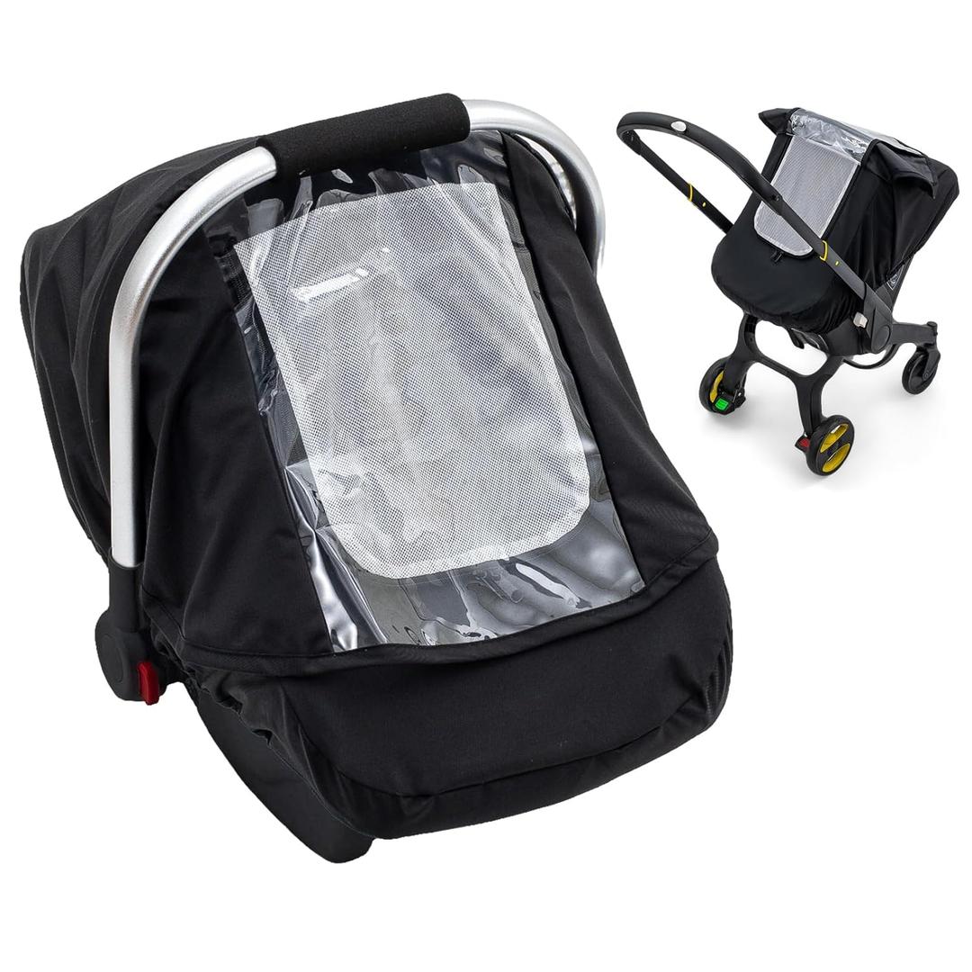 Waterproof Baby Car Seat Cover, Car Seat Rain Cover with Clear Window & Breathable Mesh, Universal Baby Carrier Cover with Support Rod to Prevent Collapse, Lightweight Weather Shield with Storage Bag (Black)