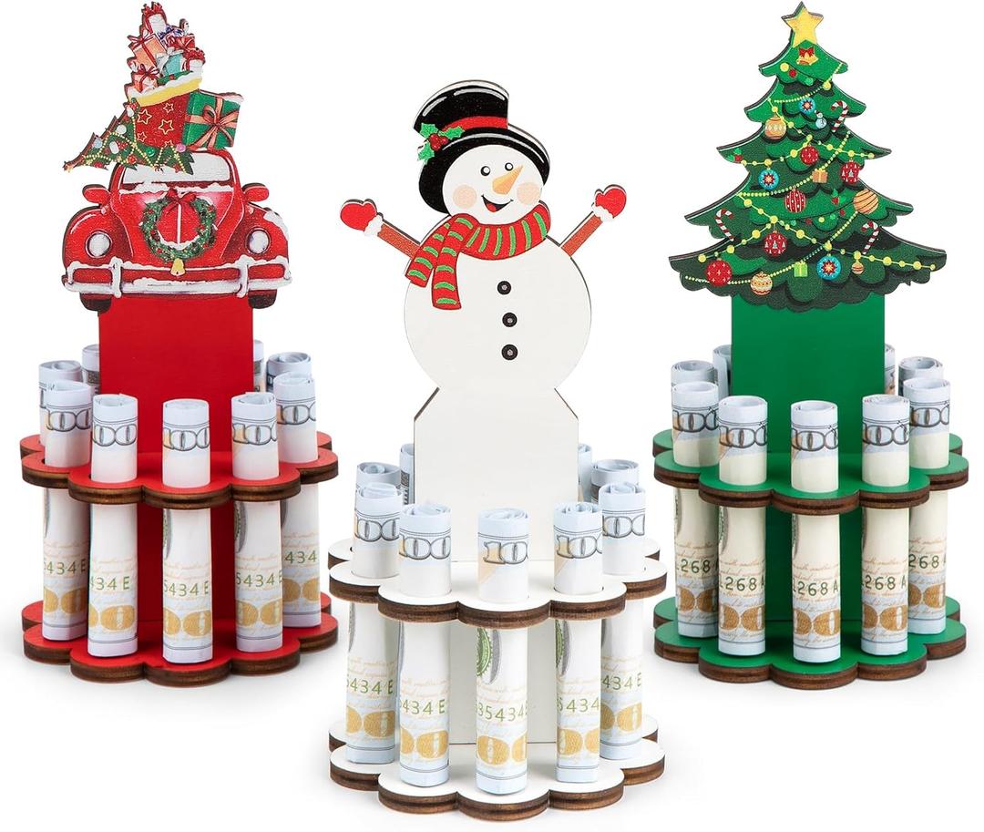 3 Pcs Christmas Money Holder, Wooden Money Holders, Christmas Ornament Money Holder with 10 Holes Cake for Table Decor Personalized Money Cash Gift Can be Written On The Back