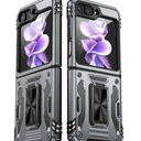 JUMIUSTNB Compatible with Samsung Galaxy Z Flip 5 Case with Slide Camera Cover,Built-in 360° Rotatable Ring Stand,Heavy Duty Protection TPU Bumper Hard Case for Samsung Galaxy Z Flip 5,Grey