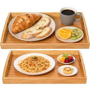 2-Pack Bamboo Serving Trays with Handles, 16" and 13", Decorative Food Tray Set for Breakfast, Coffee, Tea, Snacks, Ideal for Coffee Table, Ottoman, Living Room & Kitchen (Gray)