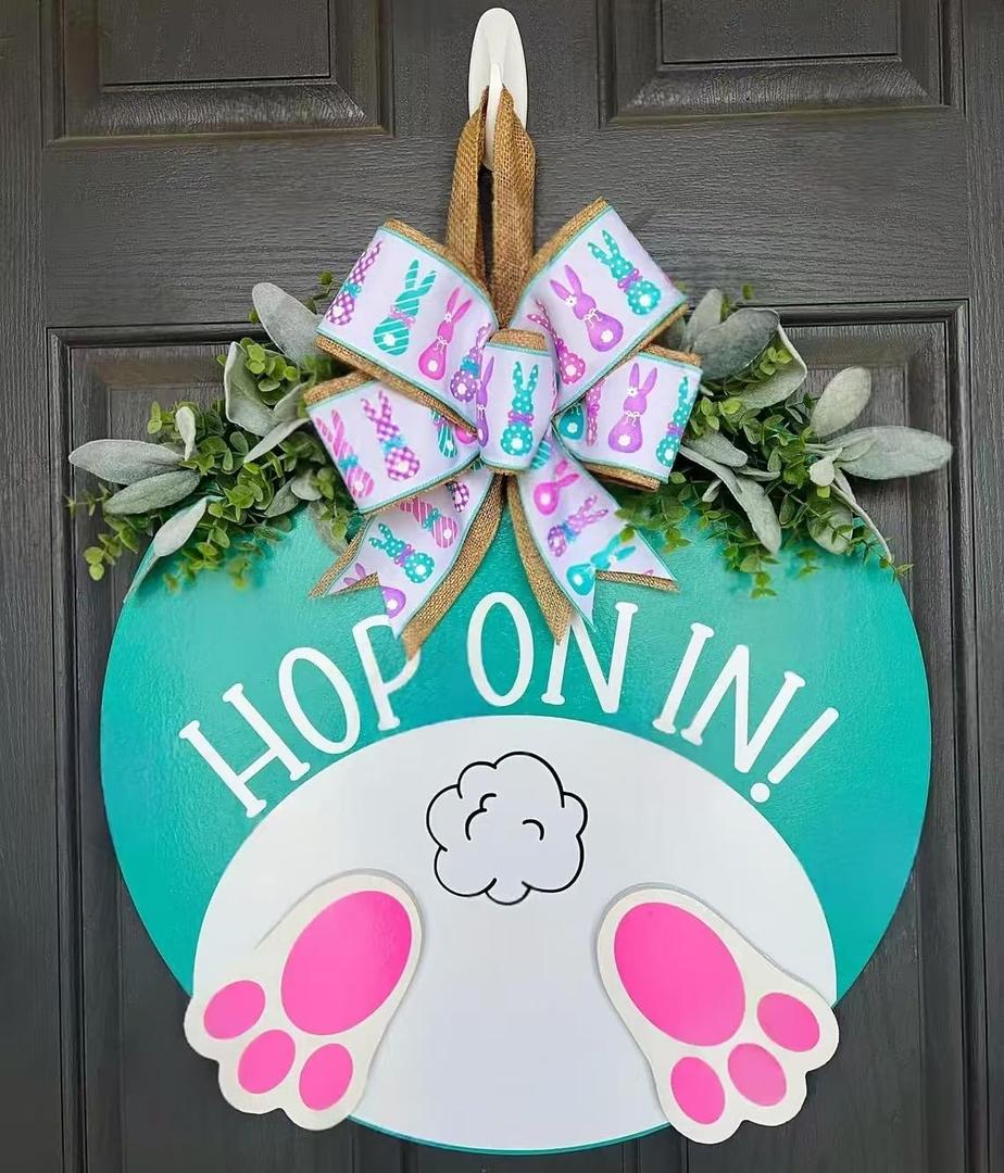3D Easter Door Wreaths Decorations, Easter Bunny Wreaths Sign for Front Door, Wooden Door Hanger Sign with Bow Home Rustic Farmhouse Decoration Outside Indoor (Easter)