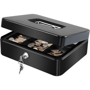 KYODOLED Large Cash Box with Removable Money Tray, Key Lock Metal Storage Box with 2 Keys & Portable Handle, Safe Cash Drawer, 9.84"x 7.87"x 3.54", Black Large