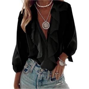 GORGLITTER Women's Ruffled Top Blouses Dressy Business Casual Button Up Long Sleeve V Neck Shirts Work Office Outfits (L)