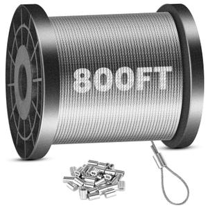 1/16 Wire Rope, 800FT Stainless Steel Cable with 250Pcs Crimping Sleeves, 304 Aircraft Cable - 7x7 Strand Core & 368 lbs Breaking Strength, Perfect for Outdoor,Yard,Garden or Crafts