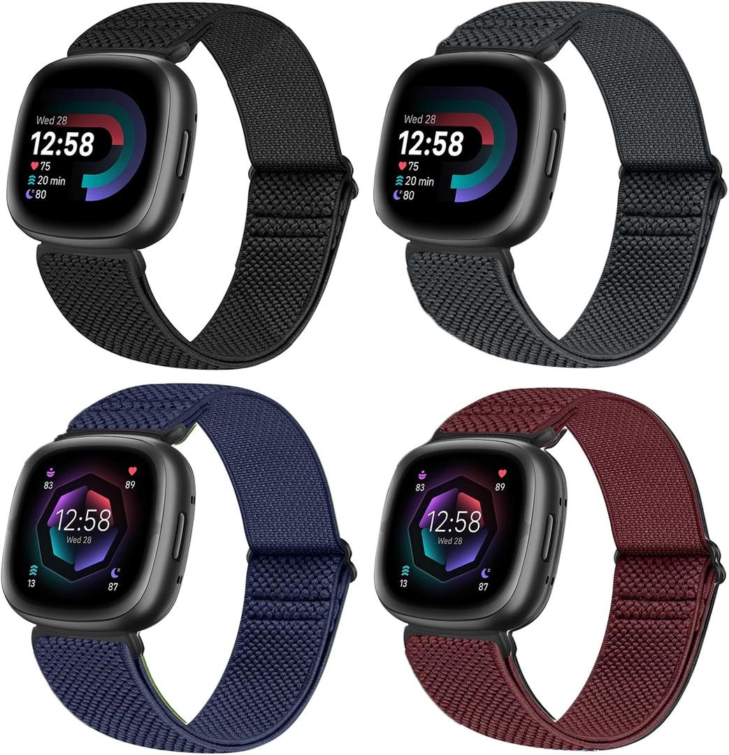 Vodtian 4 Pack Elastic Bands Compatible for Fitbit Versa 4/3 / Sense 2, Adjustable Nylon Stretchy Replacement Sport Loop Straps for Women Men