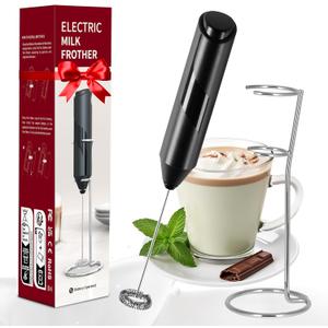 HealSmart Milk Frother Handheld, Battery Operated Whisk Maker with Stainless Steel Stand Hand Drink Mixer for Coffee, Lattes, Cappuccino, Matcha, Black