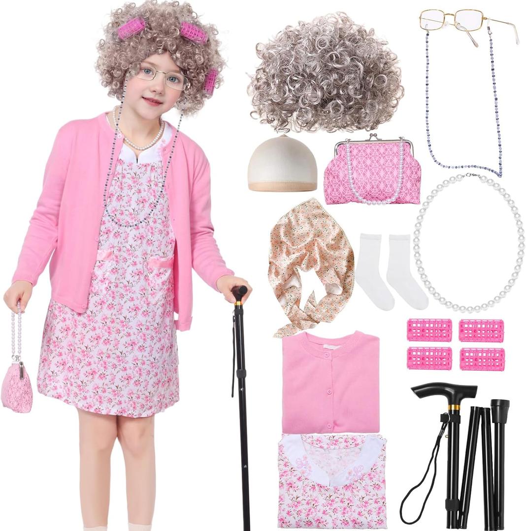 Old Lady Costume for Girls Kids 100 Days Of School Costume 100th Day Grandma Dress for Girls (Medium, Pink)