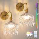 Vintage Battery Operated Wireless Wall Sconces, Rechargeable Battery Antique Brass Wall Lights, Luxury Corridor Lamp with Remote for Dining Room Hallway Living Room, Set of Two (9.05in, Crystal-2pack)