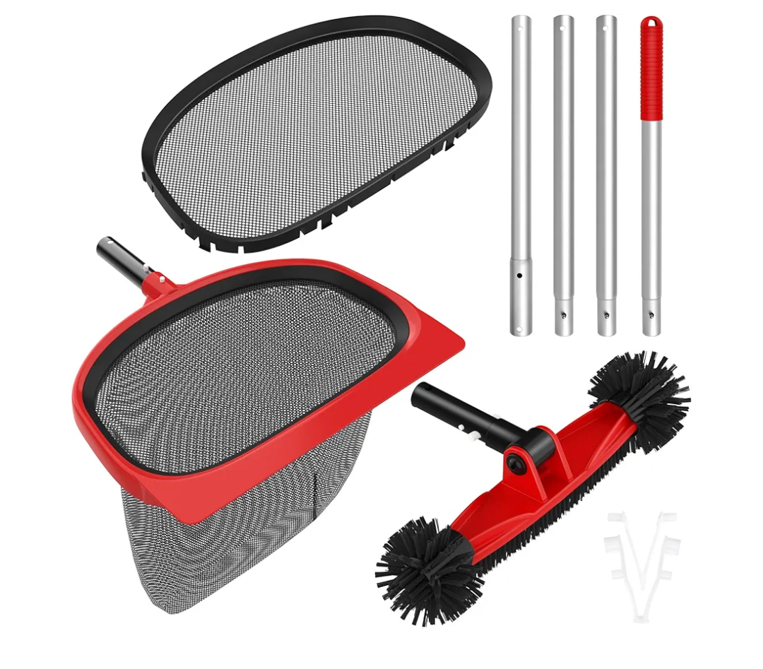 Swimming Pool Cleaning Kit Including 5.7 Feet Aluminum Pool Pole 4-Segment & Rotatable Pool Brush with Round End & Pool Leaf Rake Fine Mesh Net,Replaceable Pool Cleaning Leaf Skim Net-Fast Cleaning