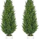 Briful 5ft Artificial Cedar Topiary Trees for Outdoor Decor, Set of 2 Realistic Faux Cypress Potted Plants, Fake Outdoor Front Porch Trees, UV Protection Patio Trees in White Pot for Outside