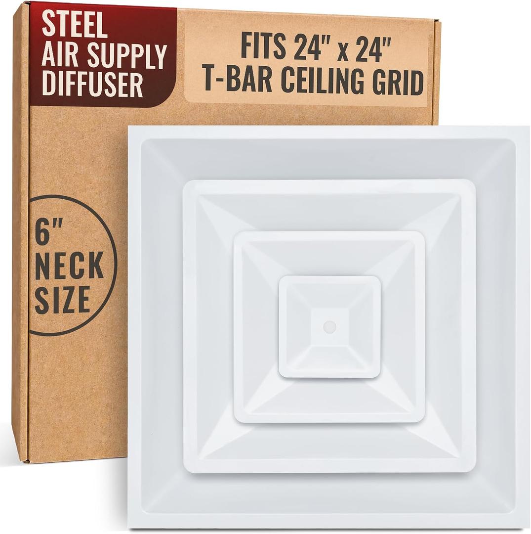 Fits 24x24 Steel T-Bar Drop Ceiling Grid | 2x2 Feet Lay in Steel Air Supply Diffuser with Round 6" [Neck Size] by Handua | 3 Cone | Drop Celing Vent | White | Outer Dimension: 23-3/4" x 23-3/4"