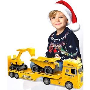 Noaln Construction Carrier Truck Toy with Excavator and Dump Truck, Friction Powered Toddler Toys with Light and Sounds, Gifts for Age 3+Years Old Boys & Girls