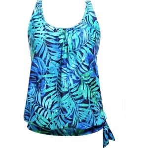 Yonique Womens Blouson Tankini Top Only Loose Fit Swim Top No Bottom Modest Swimsuit (Large, Blue Leaves)