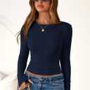 PRETTYGARDEN Women 2026 Fall Clothes Long Sleeve Shirts Ribbed Knit Fitted Basic Tee Going Out Tops Underscrub Casual Outfits (Blue, M)