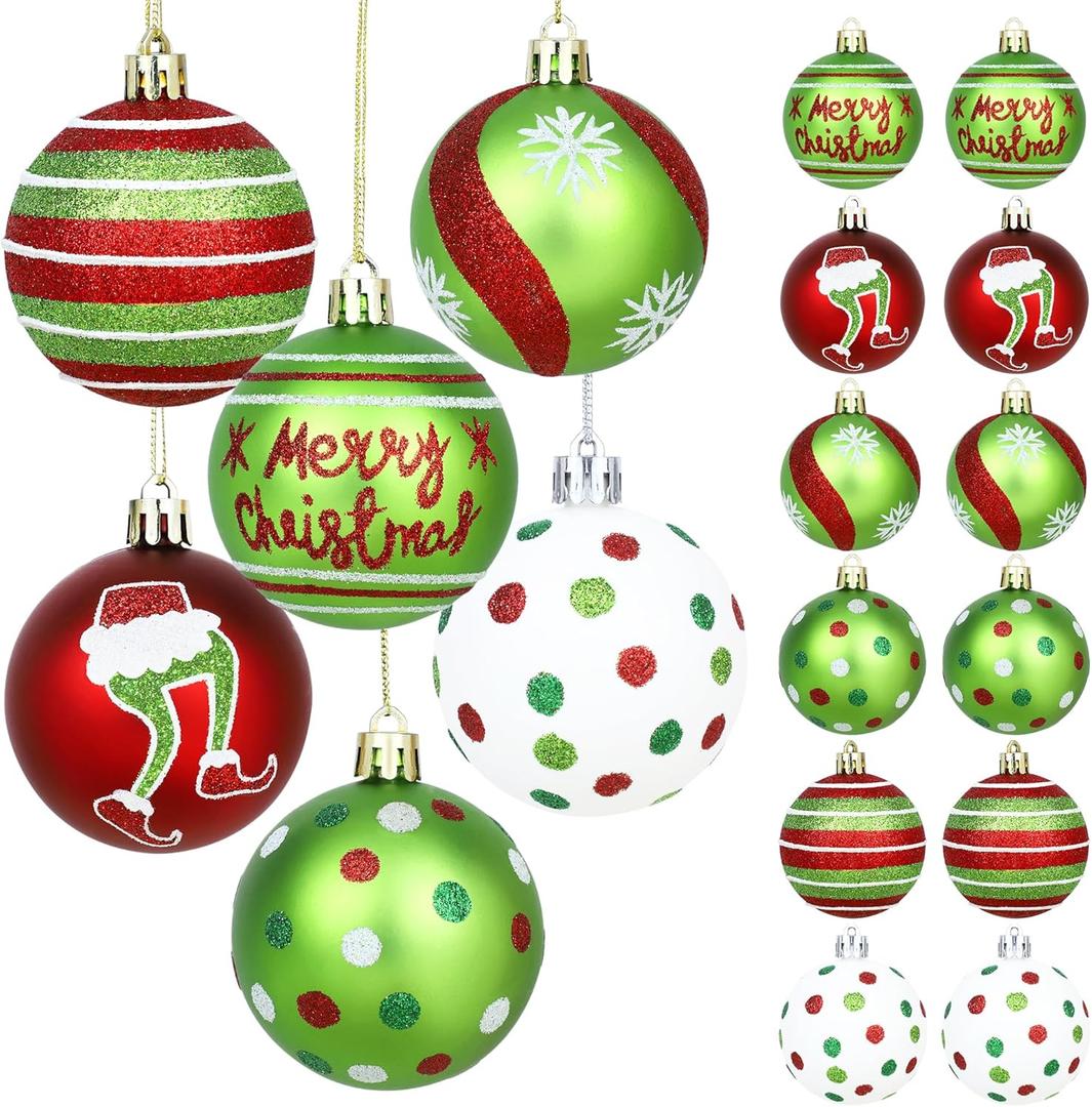 24Pcs 2.4 Inch Christmas Ball Ornaments for Tree, Glittering Red Green White Elf Bulbs Set for Christmas Tree Decorations, Plastic Shatterproof Hanging Ornament Xmas Baubles for Home Party Decor