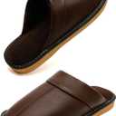 Genuine Leather Slippers for Women Men, Fuzzy Bedroom House Slippers (Brown, L)