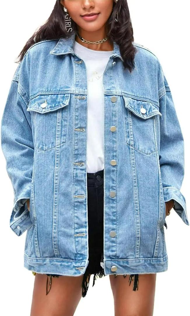Omoone Women's Oversized Mid Long Denim Jacket Jean Biker Coat (X-Large)
