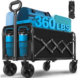 Wagons Carts Foldable,360lbs Collapsible Wagon Foldable Wagon with Wheels, Portable Folding Cart for Camping, Picnic,Beach, Groceries,Outdoor Sports,Shopping (Black)