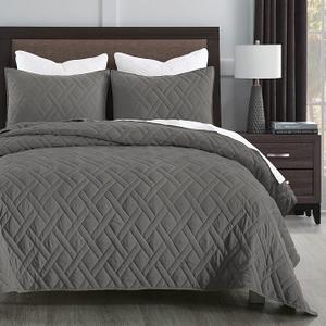 HORIMOTE HOME Quilt Set King Size Grey, Classic Geometric Diamond Stitched Pattern,Microfiber Ultra Soft Lightweight Bedspread Coverlet for All Season, 3 Piece Includes 1 Quilt and 2 Shams